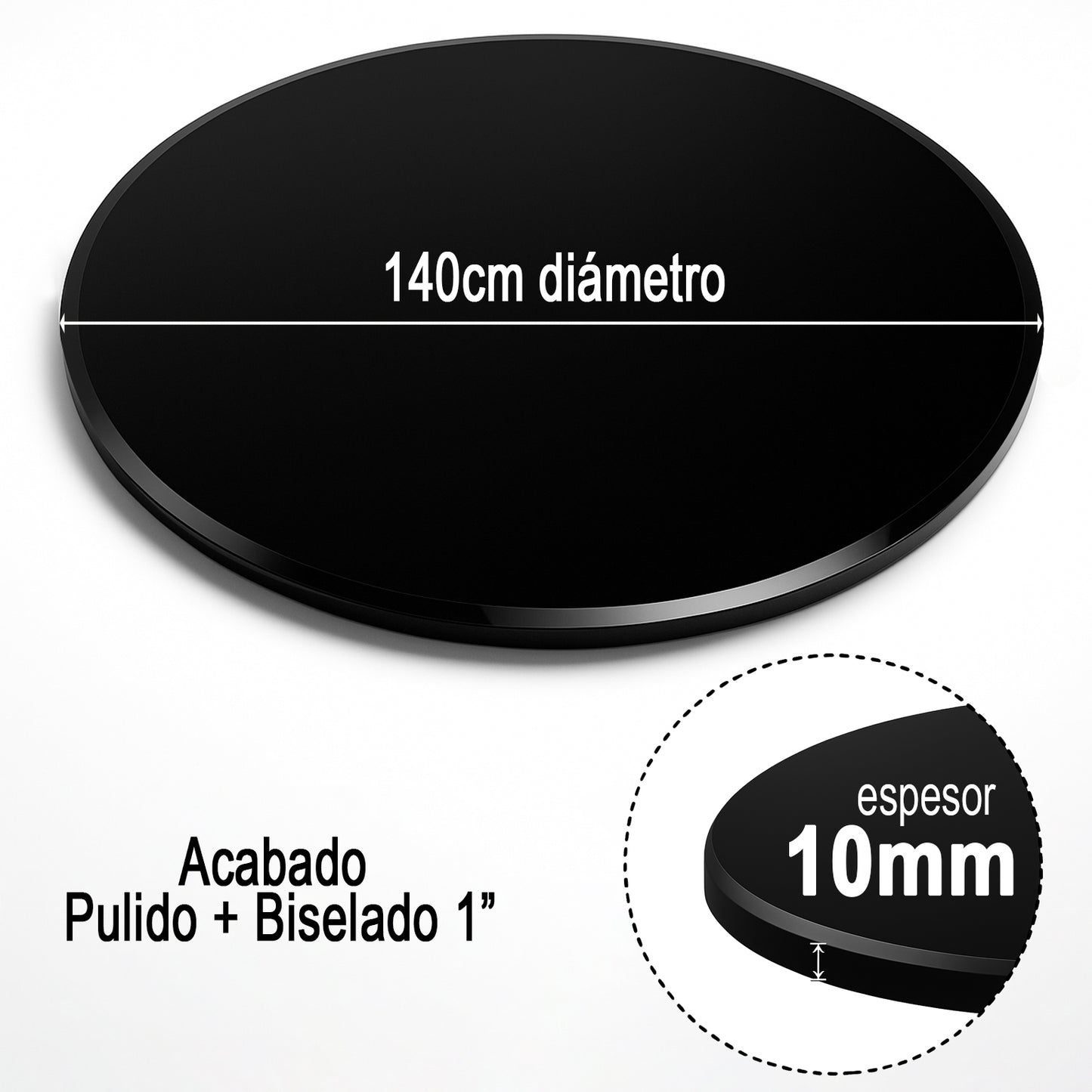 Cubierta Circular Vidrio Templado Negro Absoluto 140cm Diámetro