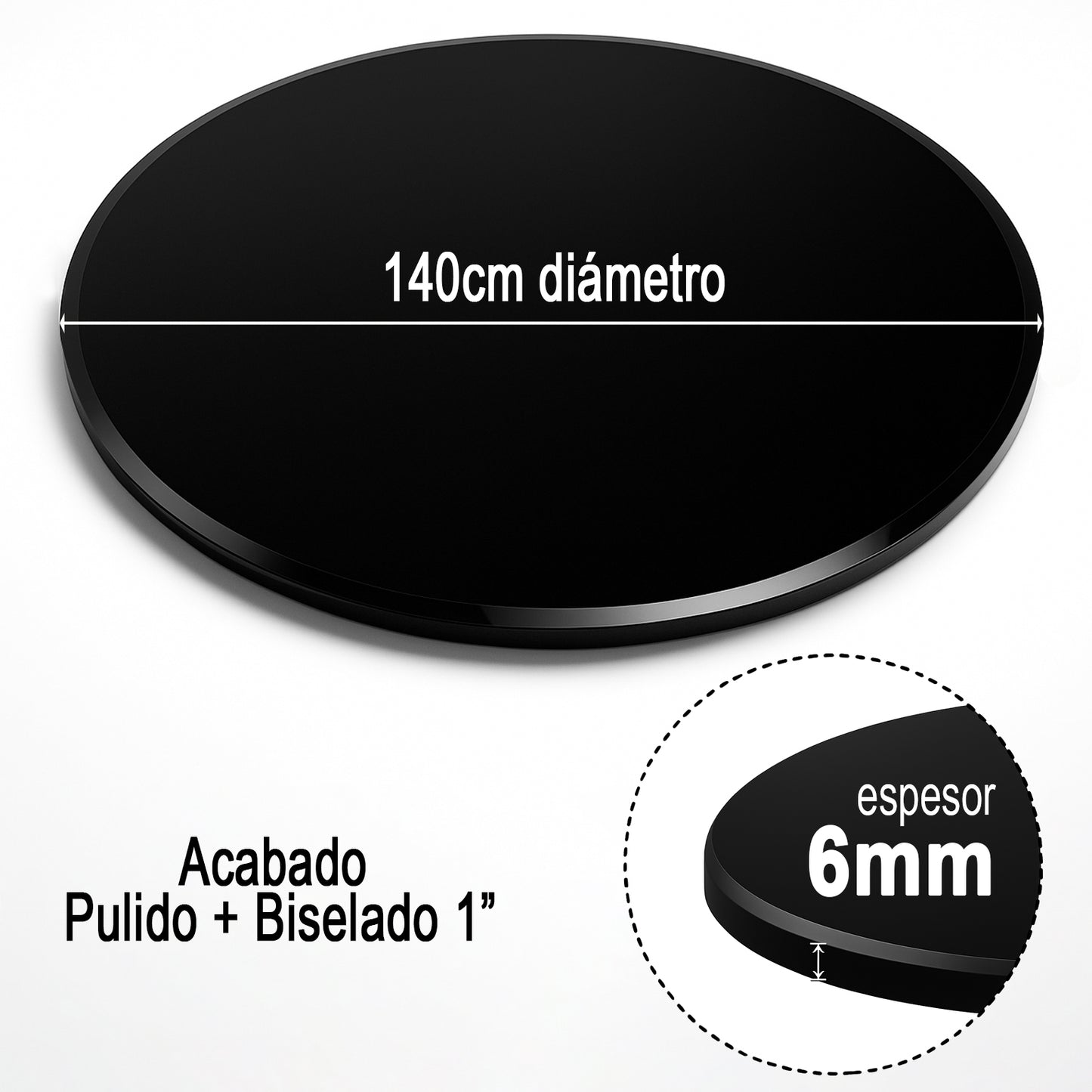Cubierta Circular Vidrio Templado Negro Absoluto 140cm Diámetro