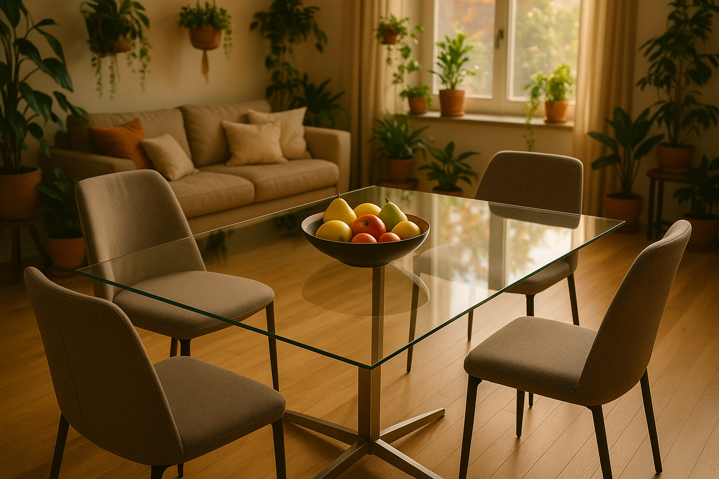 Comedor moderno hiperrealista con mesa de vidrio y distribución específica de sillas