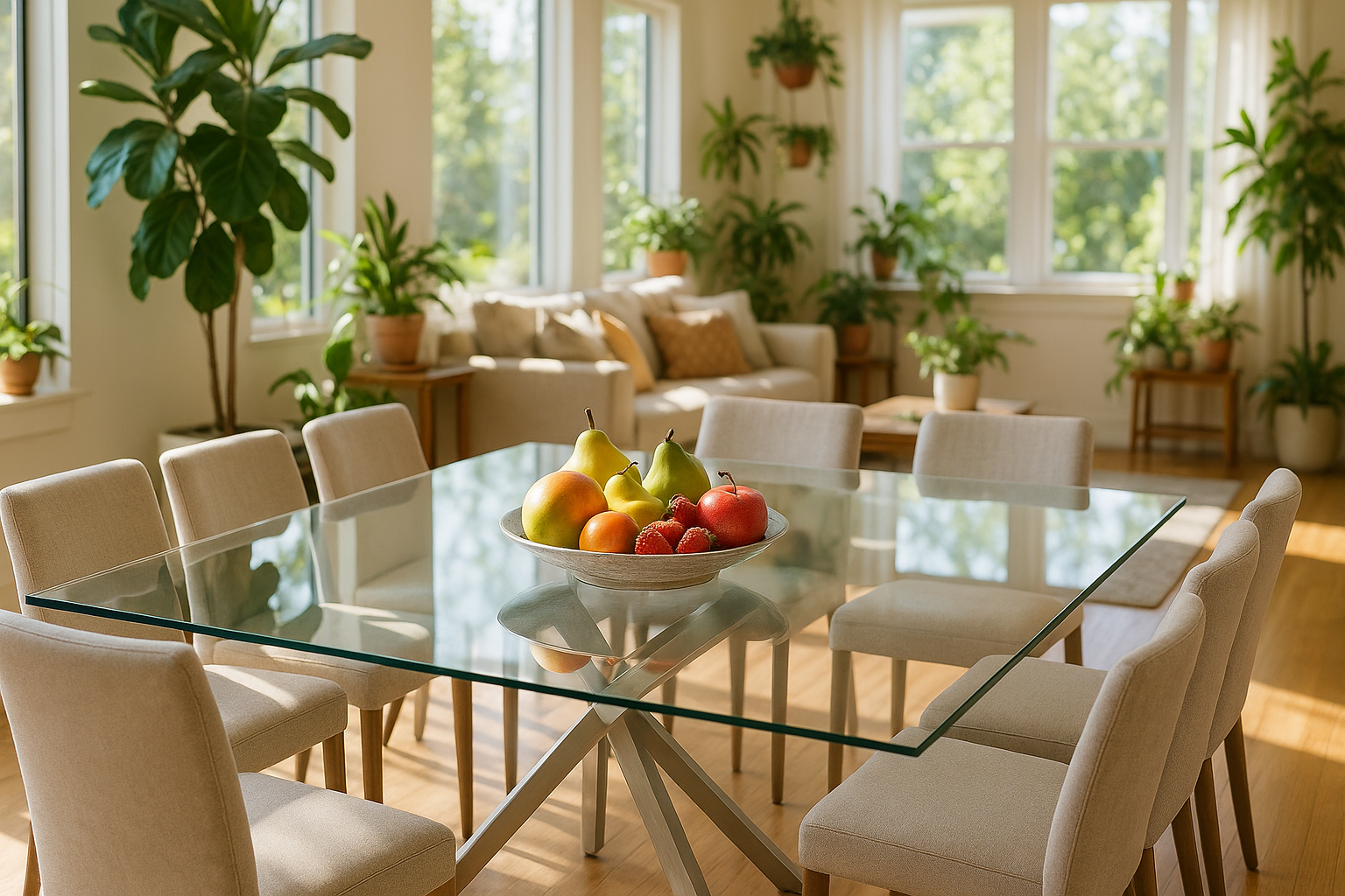Mesa cuadrada moderna con base de aluminio cepillado y ambiente hogareño
