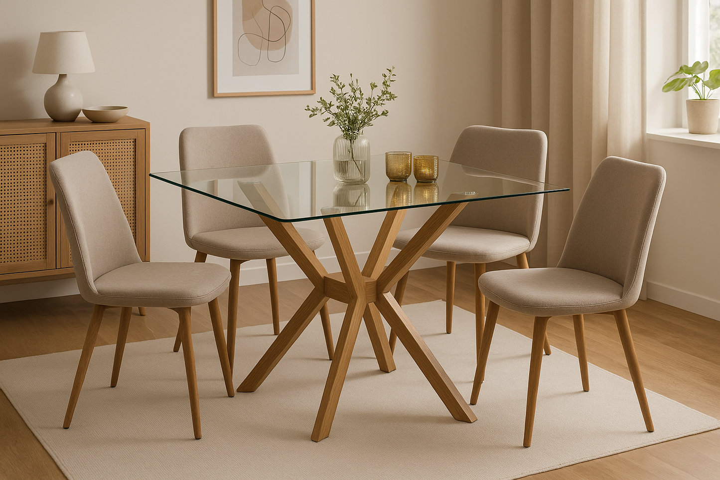 Mesa de comedor con 4 sillas en ambiente lifestyle