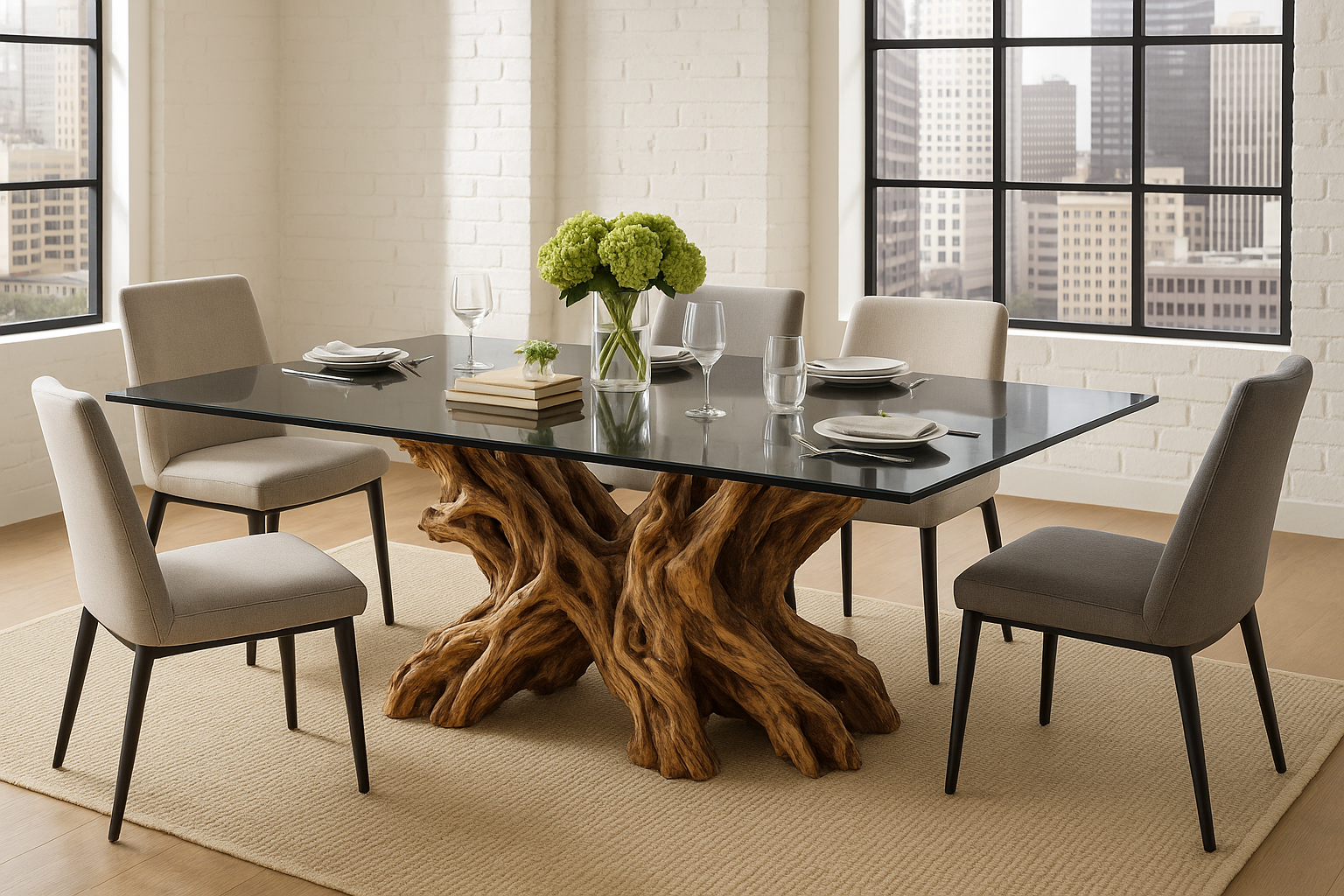 Mesa de comedor rectangular con vidrio gris oscuro