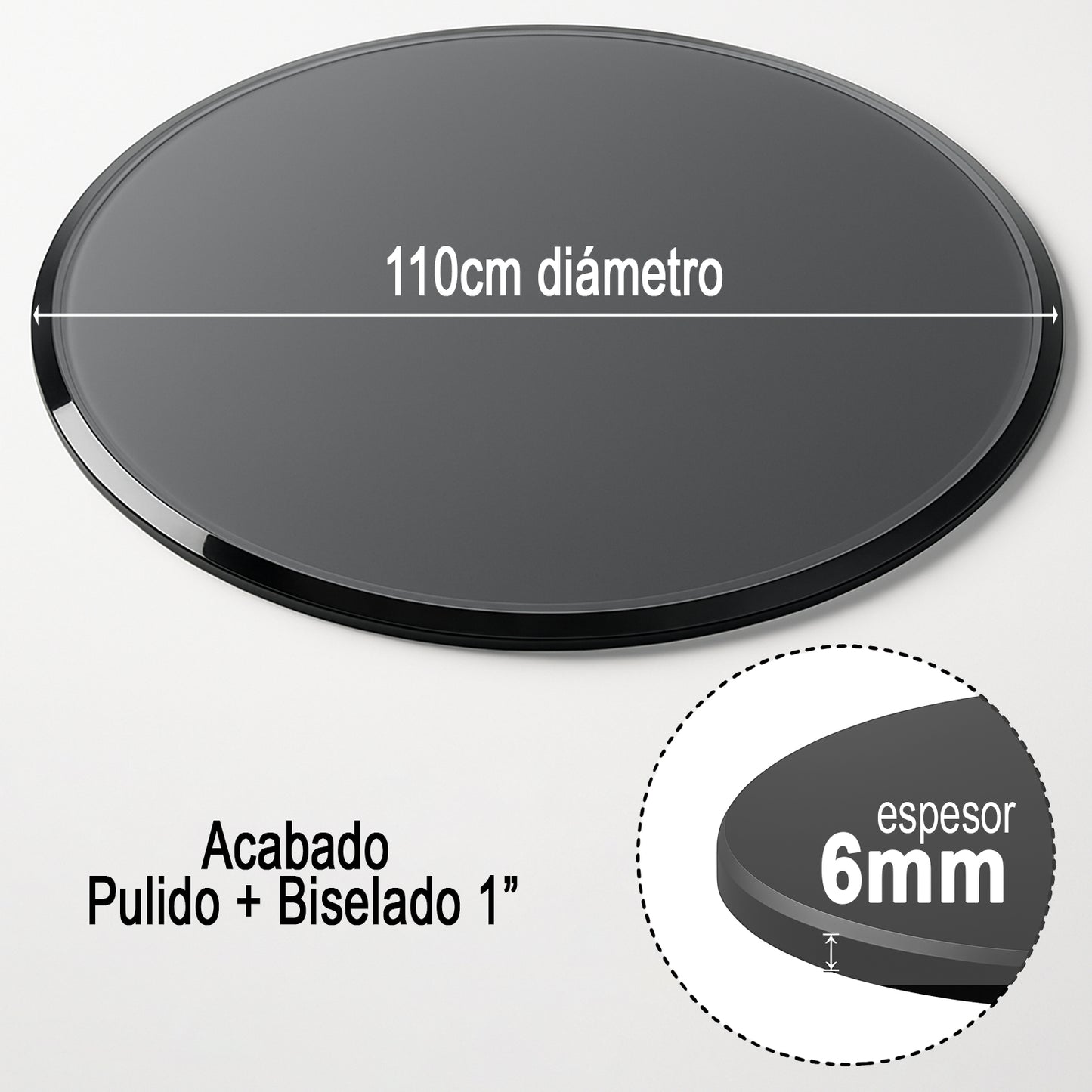 Cubierta Circular Vidrio Ahumado Templado 110cm Diámetro