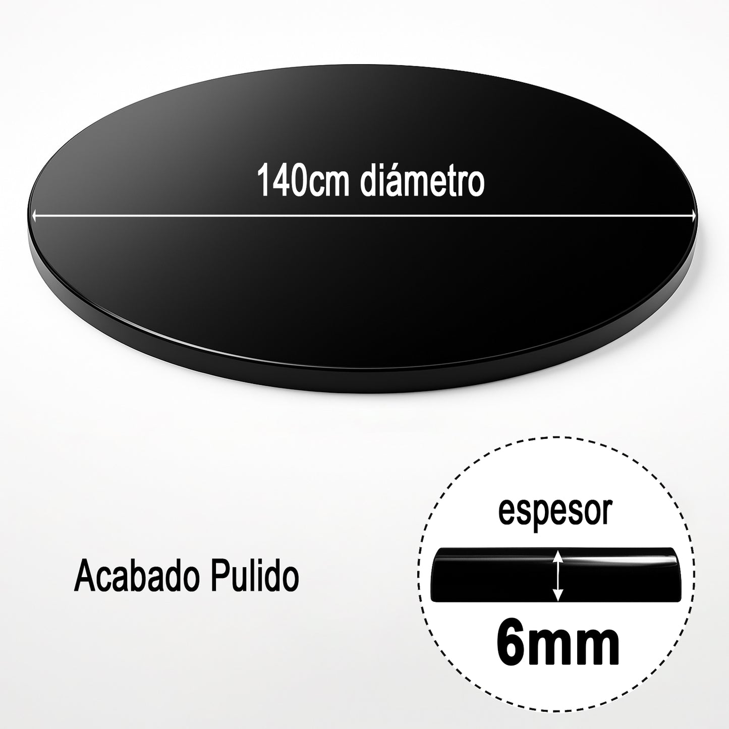Cubierta Circular Vidrio Templado Negro Absoluto 140cm Diámetro