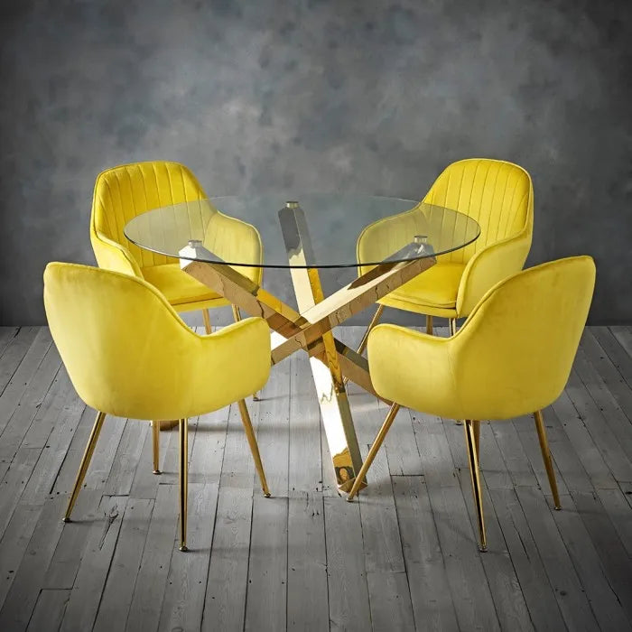 Mesa con base dorada y cubierta circular vidrio claro templado 100cm diámetro, diseño contemporáneo exclusivo.
