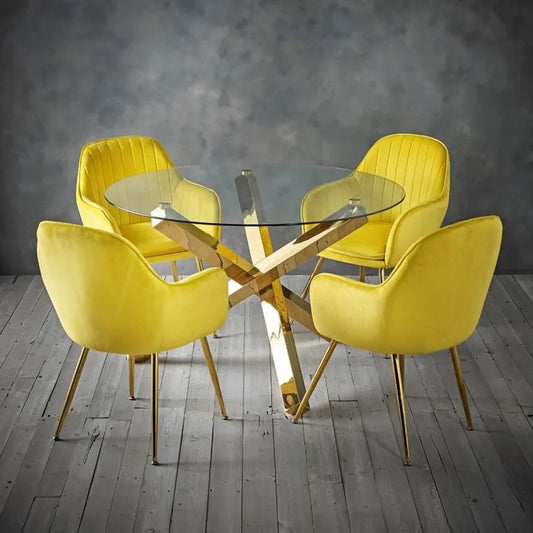 Mesa con base dorada y cubierta circular vidrio claro templado 100cm diámetro, diseño contemporáneo exclusivo.