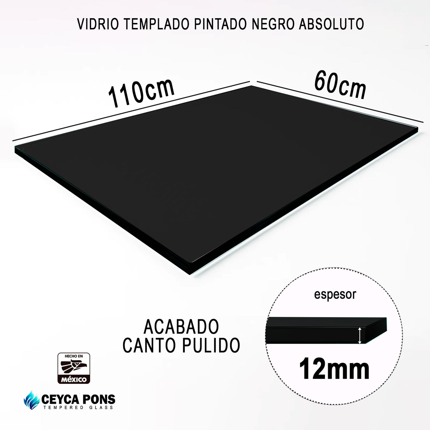 CEYCAPONS Vidrio Templado Rectangular Pintado Negro Absoluto 110x60cm