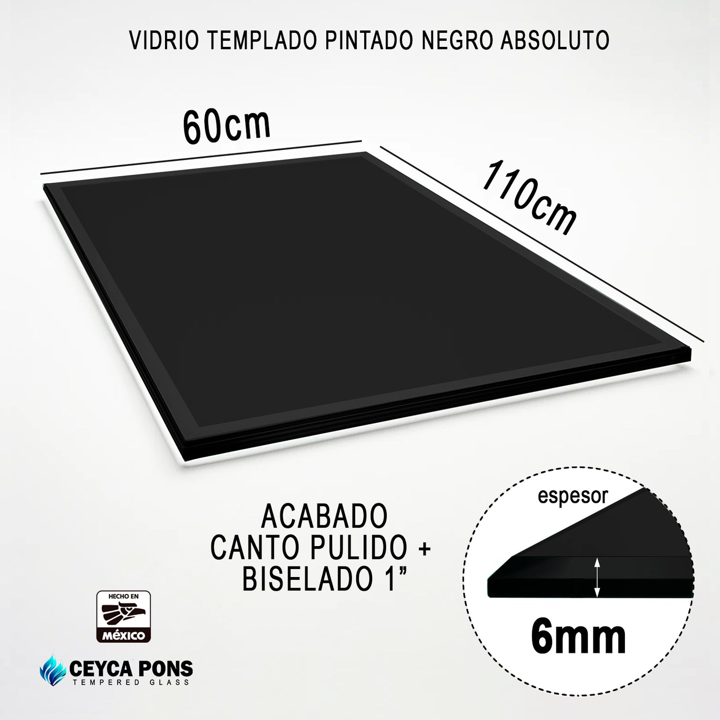 CEYCAPONS Vidrio Templado Rectangular Pintado Negro Absoluto 110x60cm