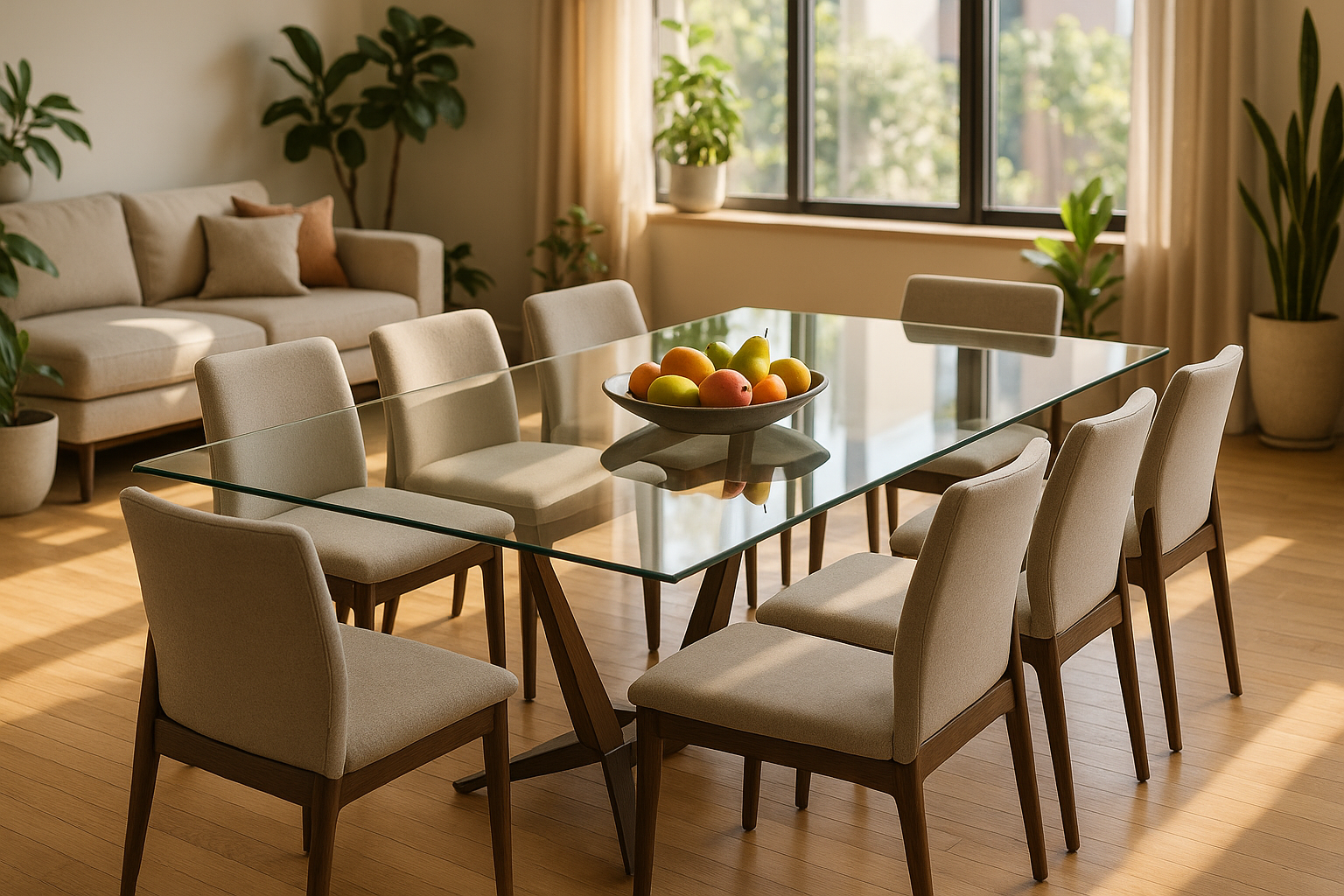Comedor moderno y hogareño con mesa de vidrio templado y 8 sillas contemporáneas - ceyca pons