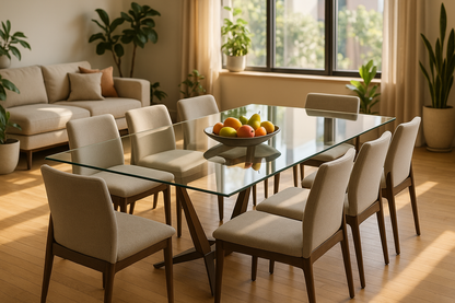 Comedor moderno y hogareño con mesa de vidrio templado y 8 sillas contemporáneas - ceyca pons