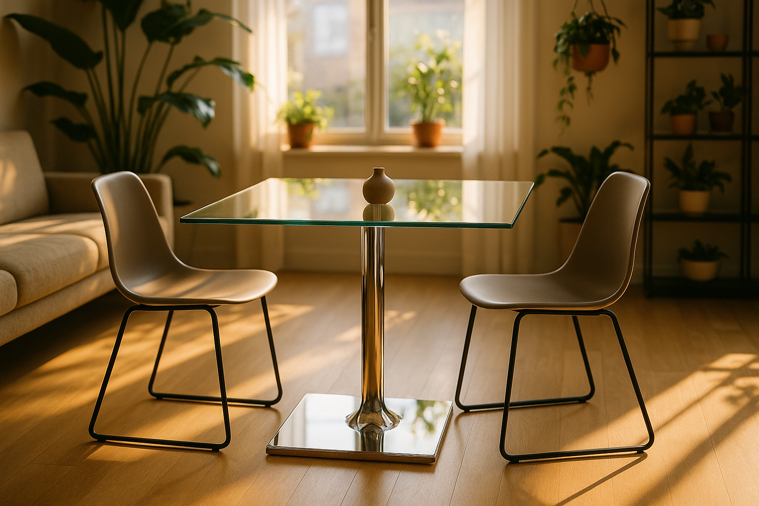 Mesa de comedor con base cromada y ambiente íntimo