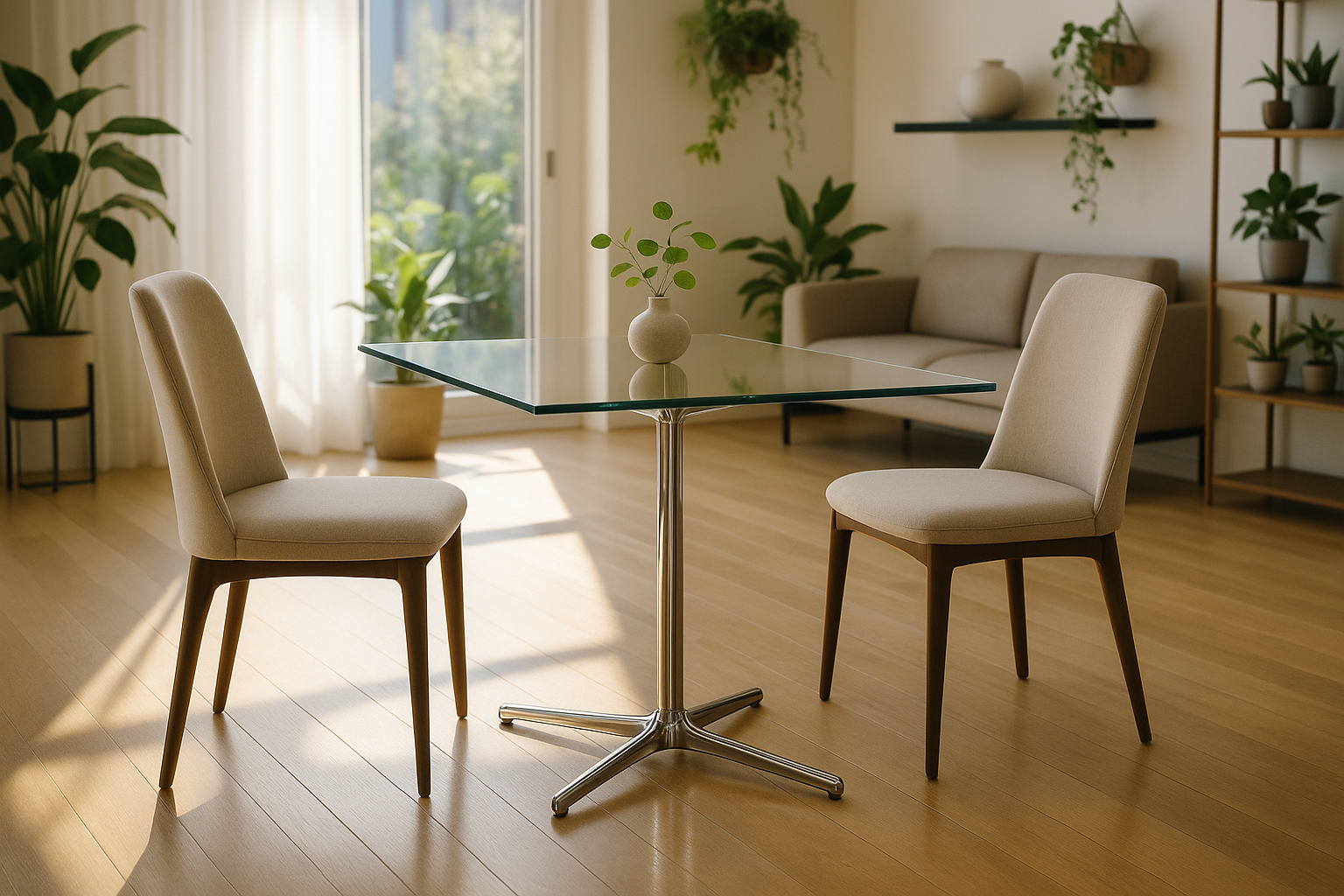 Mesa de comedor con base cromada y cubierta de vidrio templado