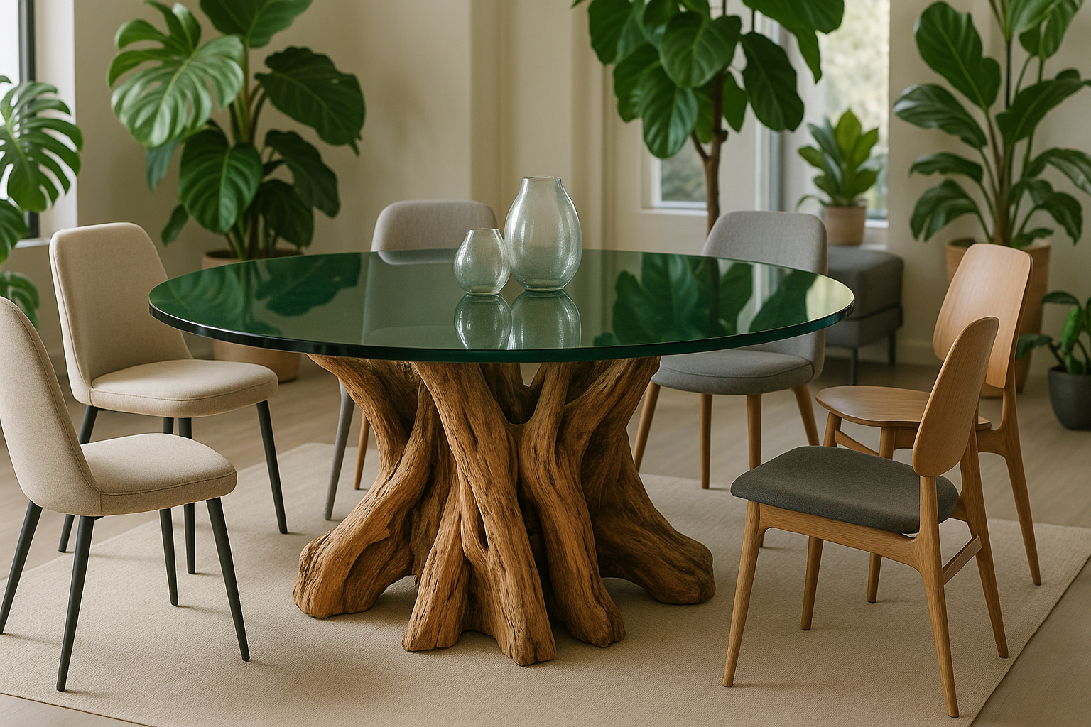 Mesa de comedor con vidrio verde bosque
