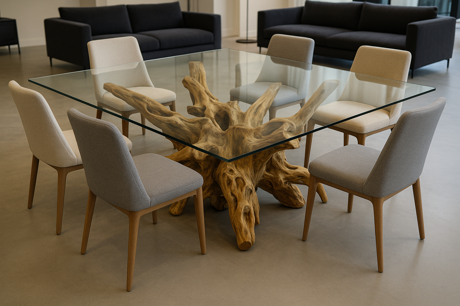 Mesa de comedor cuadrada con vidrio claro