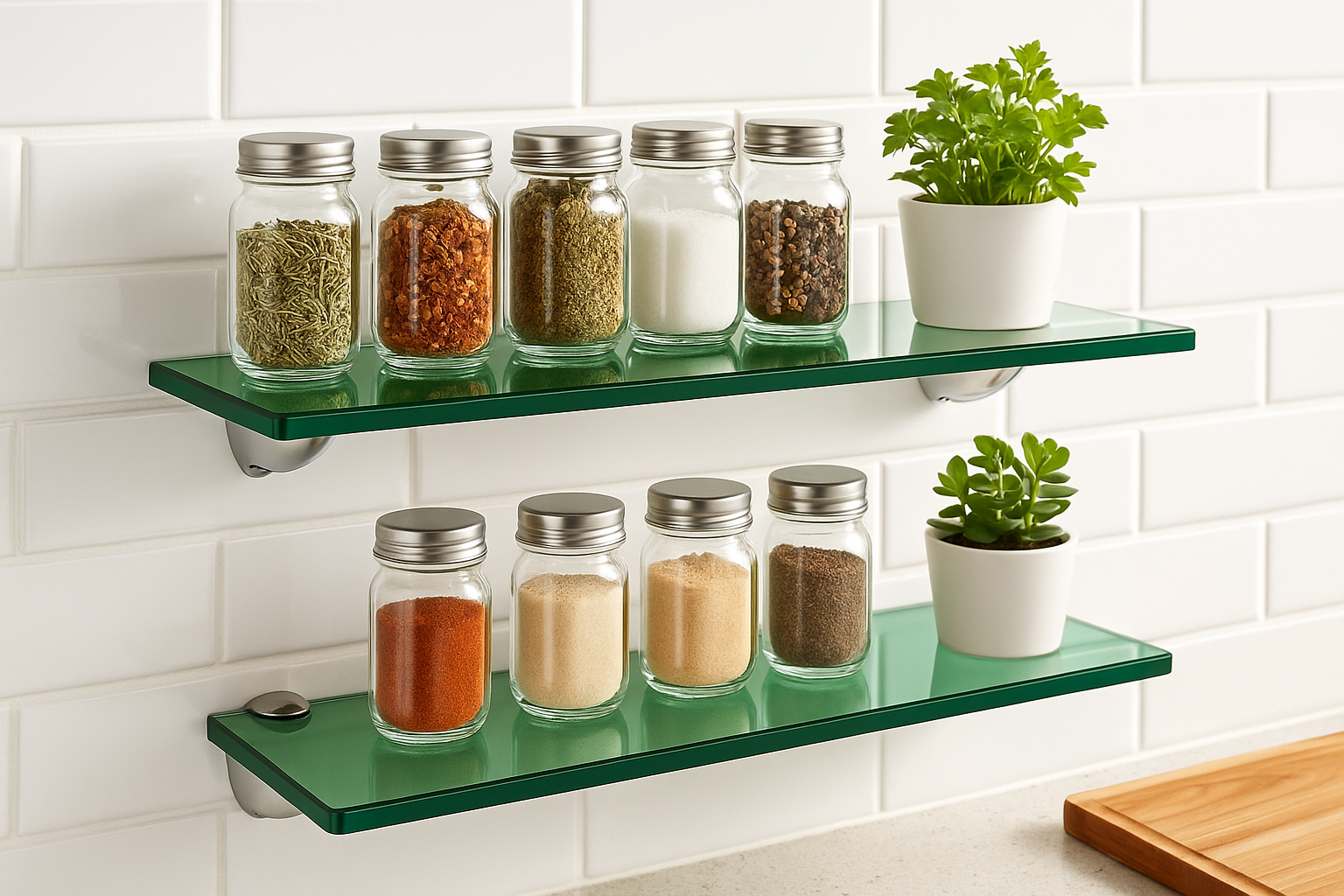 Repisas 60x20cm verdes con 8 herrajes en cocina
