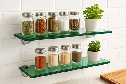 Repisas 60x20cm verdes con 8 herrajes en cocina