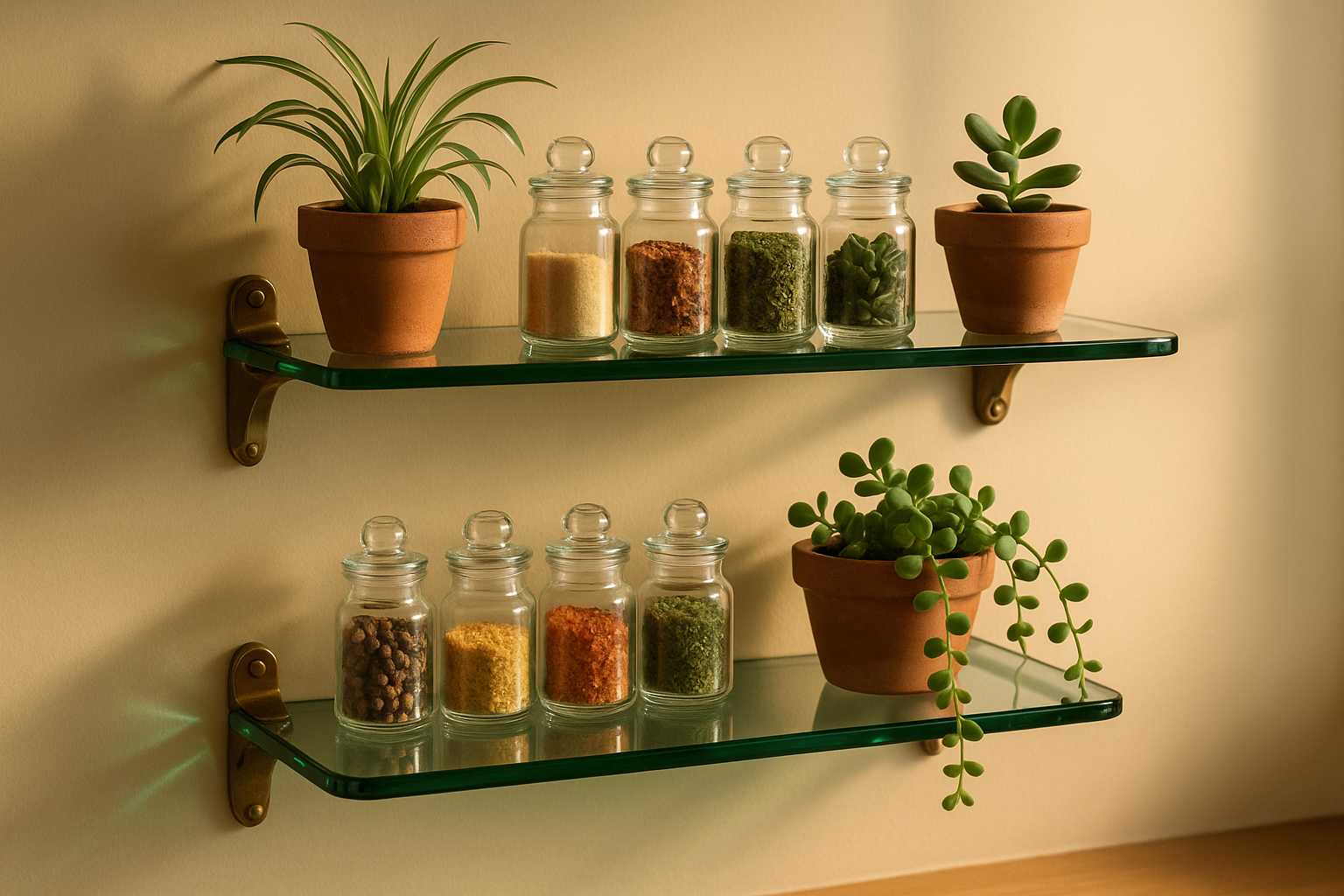 Repisas verdes en cocina con especias